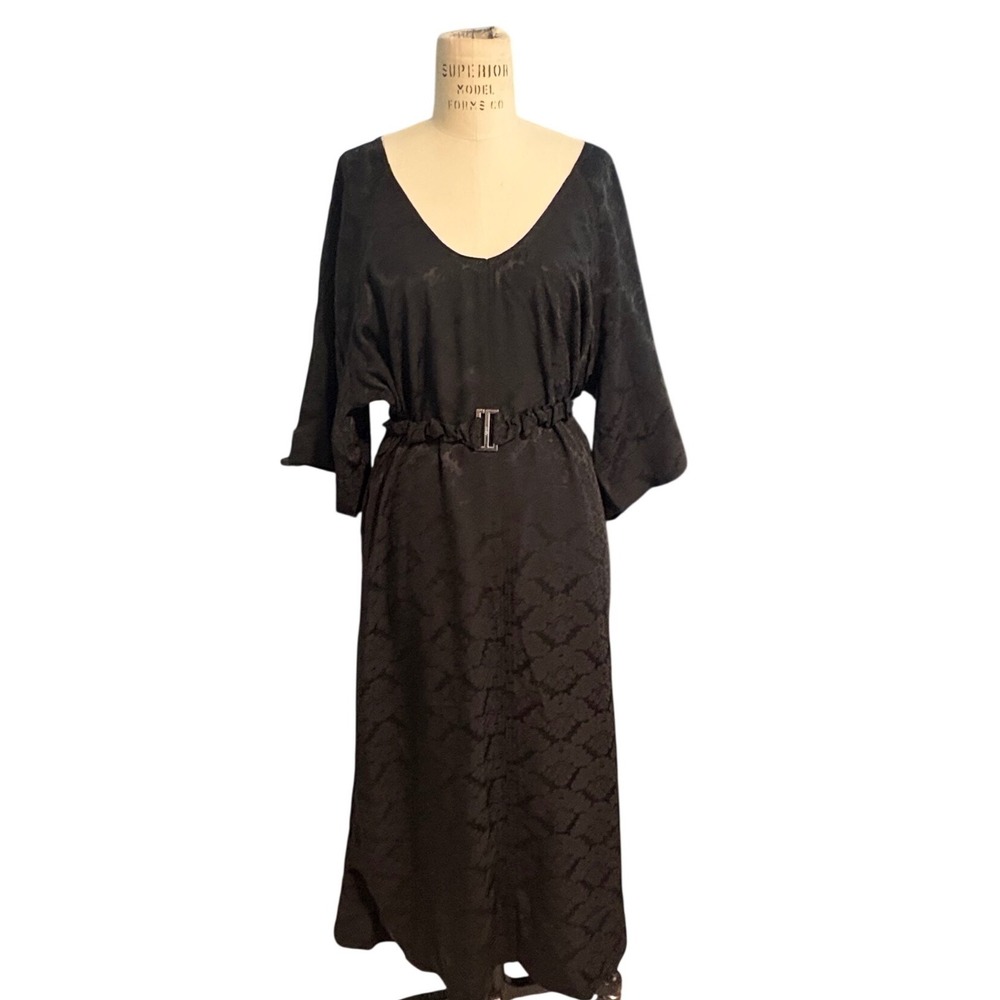 GANNI Black‎ Midi Dress NWT Womens 4 Open Back Criss Cross Satin Jacquard Belted
